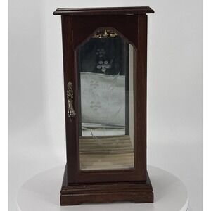 Vtg Wood Jewelry Box Case-Necklace Carousel Ring Holder Mirror & Etched Glass